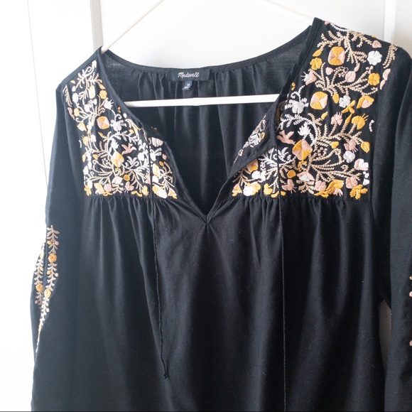 Madewell Black Colorful Floral Embroidered Slit Sleeves Tassel Mini Dress Size M - Picture 4 of 6